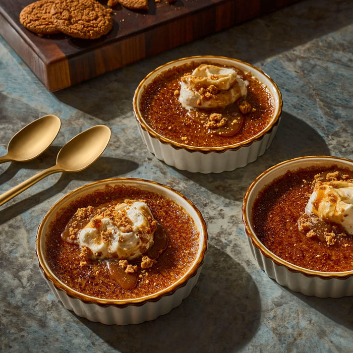 Three ramekins of crème brûlée topped with whipped cream and crumbled cookies are displayed with golden spoons and a wooden cutting board in the background.