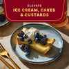 Elevate dessert recipe featuring a slice of cake with berries and cream.