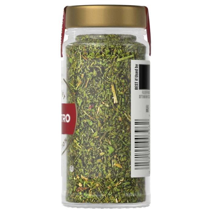 A jar of McCormick Cilantro seasoning is shown, highlighting its vibrant green color and texture.