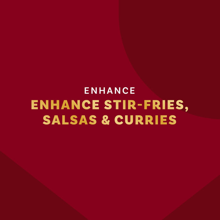 A red background with the text Enhance stir-fries, salsas and curries in gold letters.