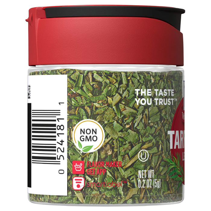 A glass jar of McCormick Tarragon Leaves with a red lid and a white label with a barcode and product information.