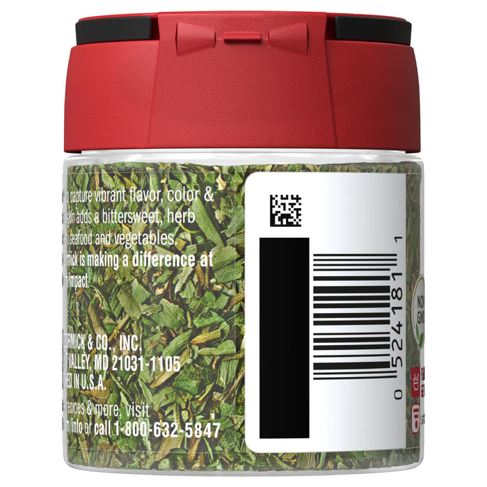 A glass jar of McCormick Tarragon with a red lid.