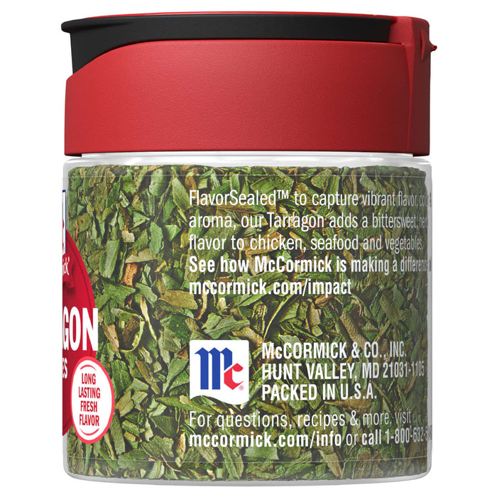 A glass jar of McCormick Tarragon.
