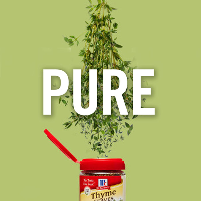 A jar of McCormick Thyme Leaves with the word PURE in large white letters above it and a sprig of thyme falling from the top of the jar.