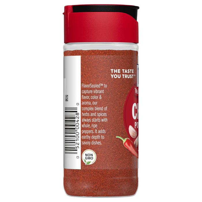 A jar of McCormick Chili Powder with a red lid and a red chili pepper on the label.