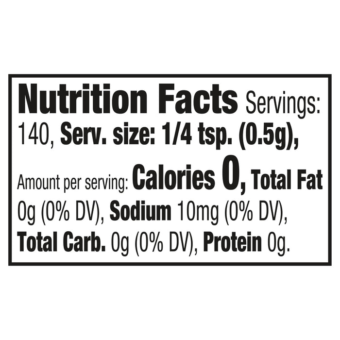Nutrition facts label for a product with 0 calories per serving.