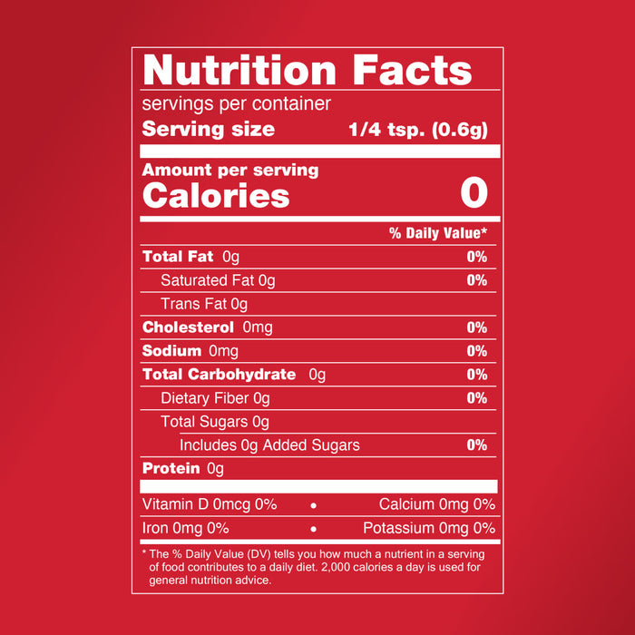 Nutrition facts label for a serving of 1/4 teaspoon of a product, showing 0 calories and 0% daily value for all nutrients.