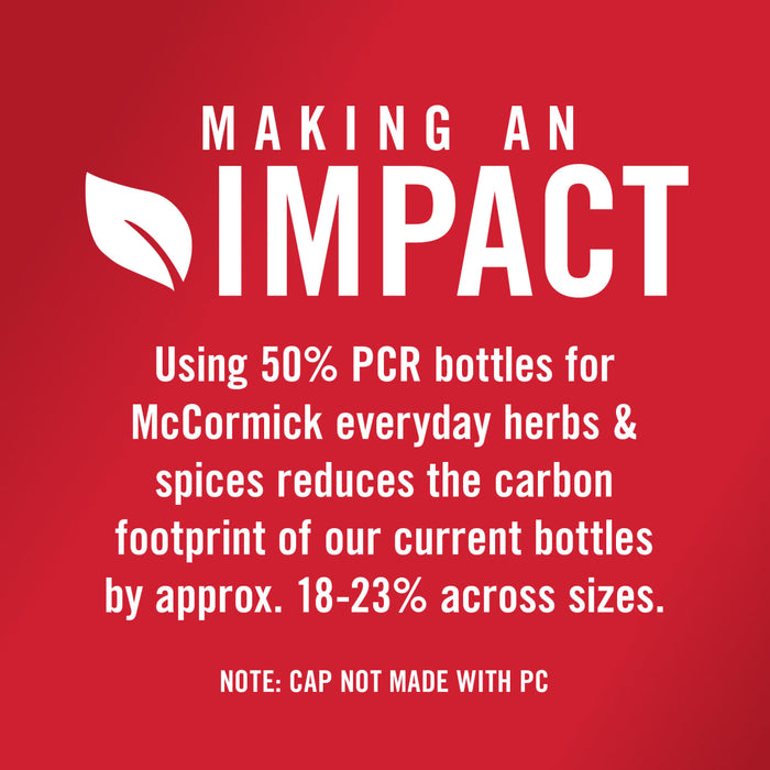 McCormick's new 50% PCR bottles reduce the carbon footprint of their current bottles by 18-23% across sizes.