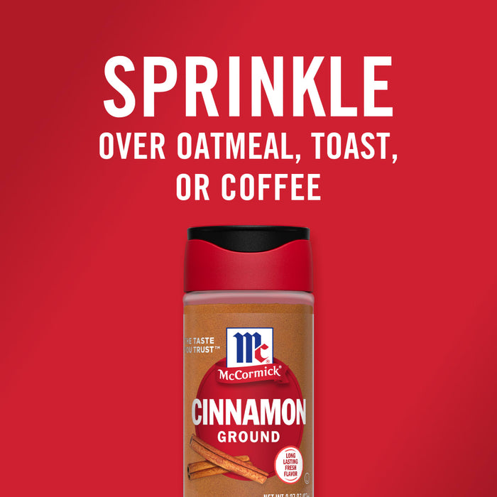 A McCormick Cinnamon Ground spice bottle on a red background with the text Sprinkle over oatmeal, toast, or coffee.