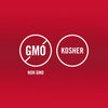 The image shows two circular icons, one indicating Non-GMO status with a GMO symbol crossed out, and the other indicating Kosher certification.