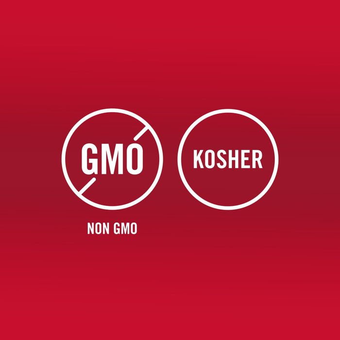 The image shows two circular icons, one indicating Non-GMO status with a GMO symbol crossed out, and the other indicating Kosher certification.