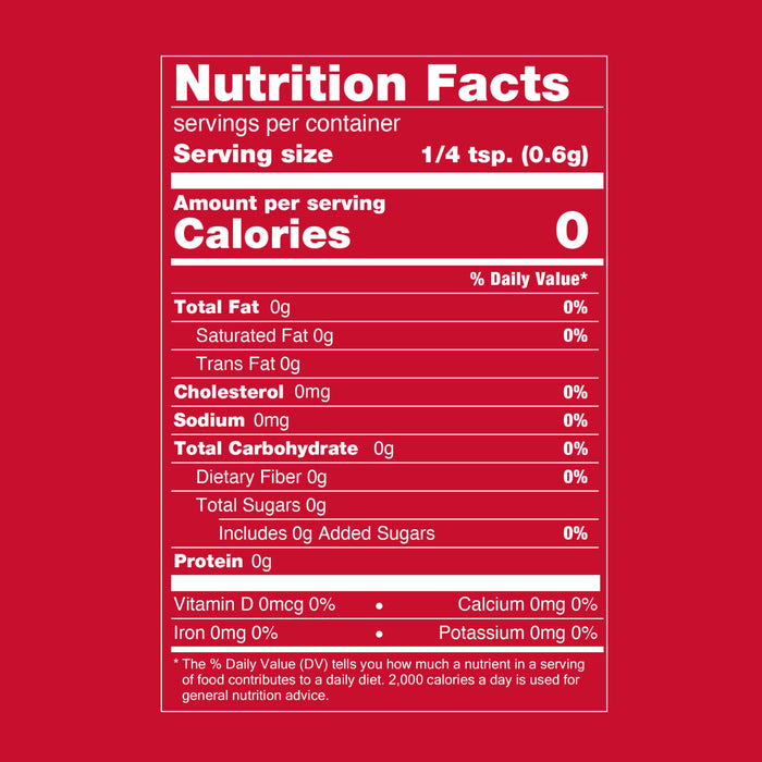 This is a nutrition facts label showing that a 1/4 tsp serving contains 0 calories, 0% total fat, 0% sodium, and 0% total carbohydrate.