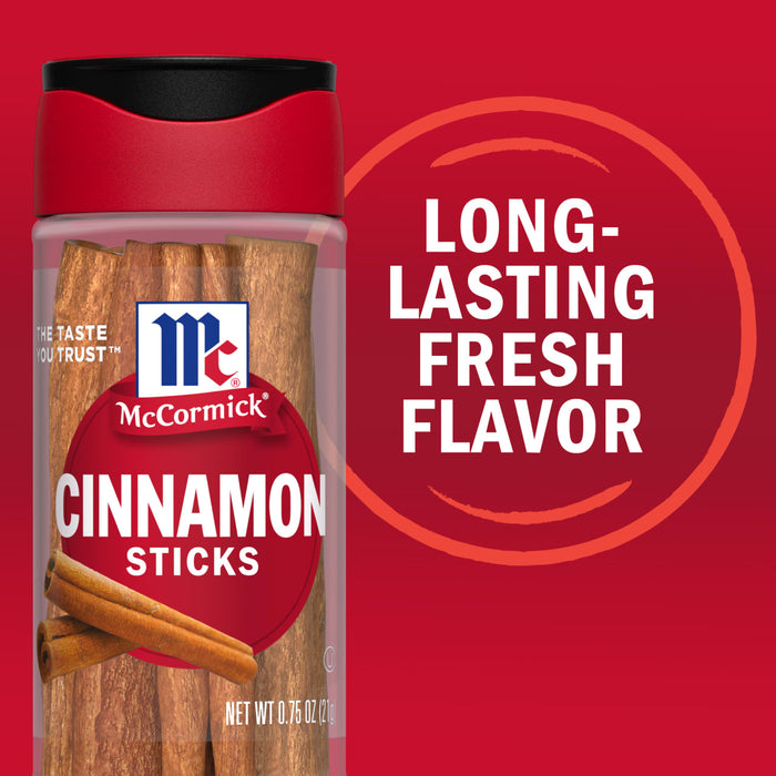 McCormick Cinnamon Sticks are shown in a clear container with a red label and cap, emphasizing their long-lasting fresh flavor.