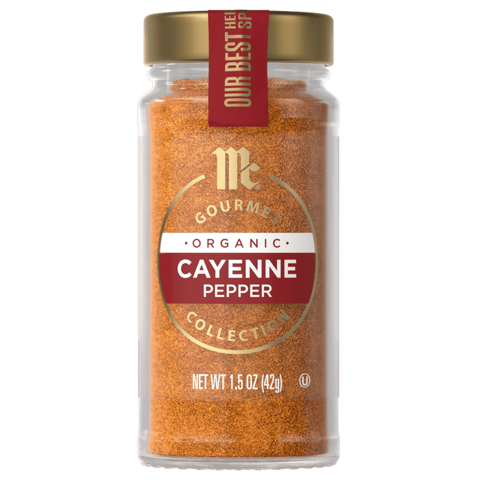 A jar of McCormick Gourmet Organic Cayenne Pepper.