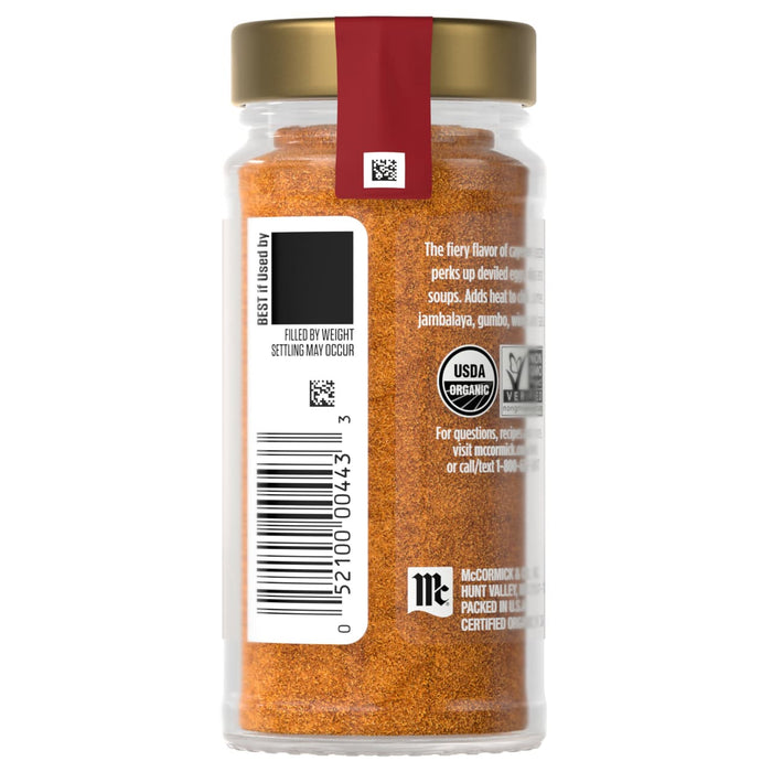 A jar of McCormick organic seasoning with a barcode and product information label.