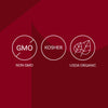 The image displays three circular icons indicating Non-GMO, Kosher, and USDA Organic certifications.