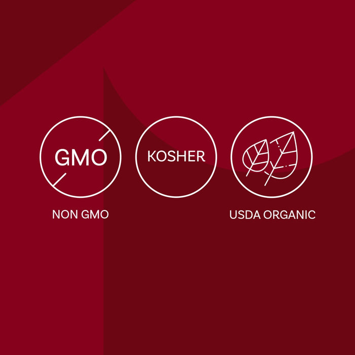 The image displays three circular icons indicating Non-GMO, Kosher, and USDA Organic certifications.