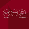 The image displays three circular icons indicating Non-GMO, Kosher, and USDA Organic certifications.