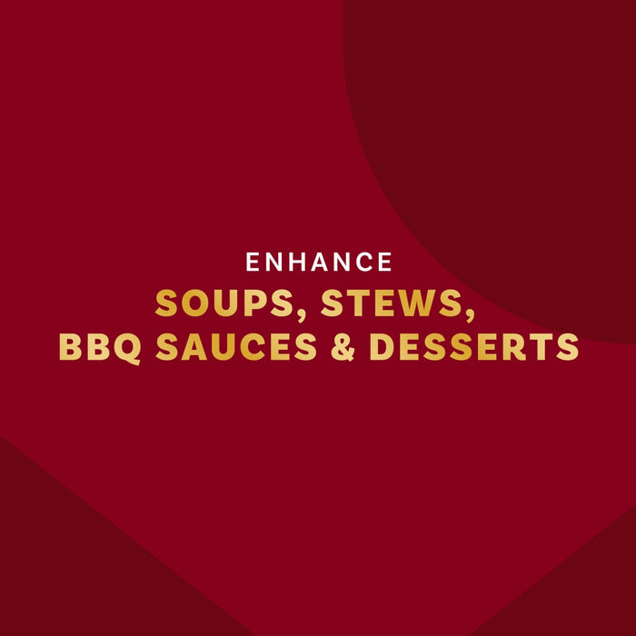 The image promotes enhancing soups, stews, BBQ sauces, and desserts.