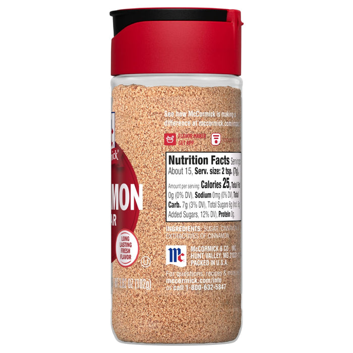 A McCormick Cinnamon Sugar bottle with nutritional information and ingredients listed on the label.