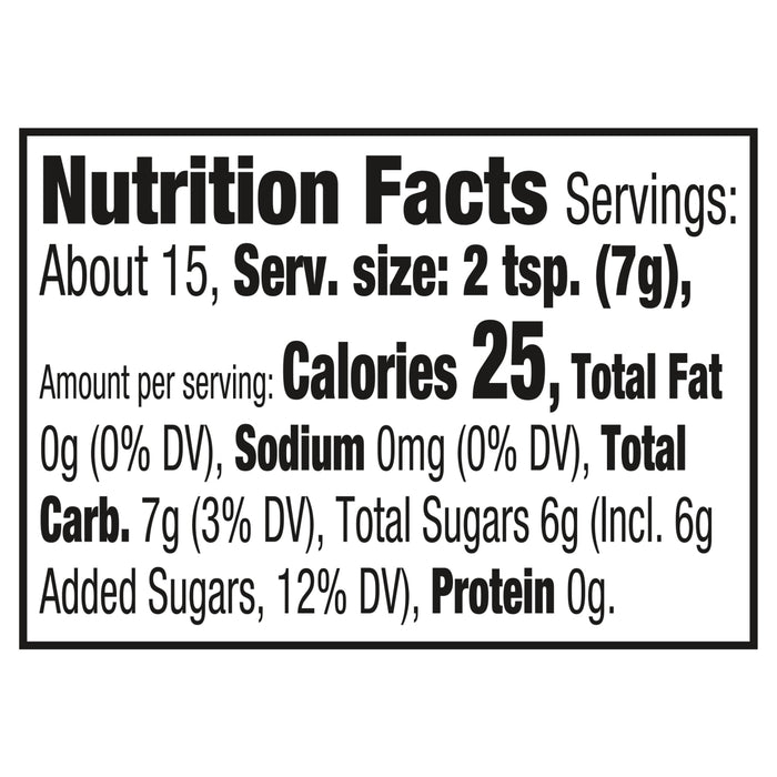 Nutrition facts label for a product with 25 calories per serving.