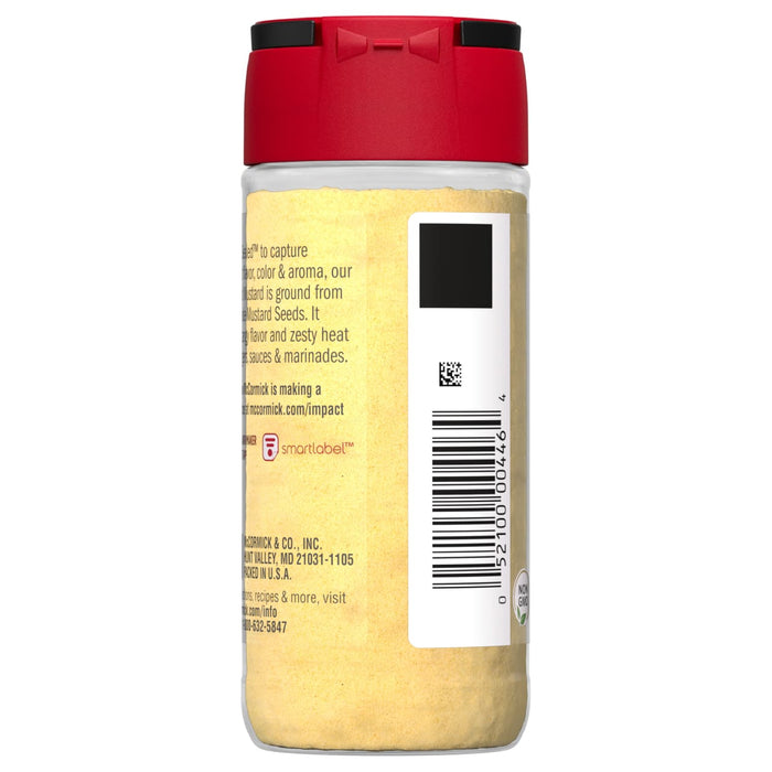 A jar of McCormick Yellow Mustard with a red lid.