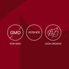 The image displays three icons indicating the product is Non-GMO, Kosher, and USDA Organic.