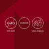 The image displays three icons indicating the product is Non-GMO, Kosher, and USDA Organic.