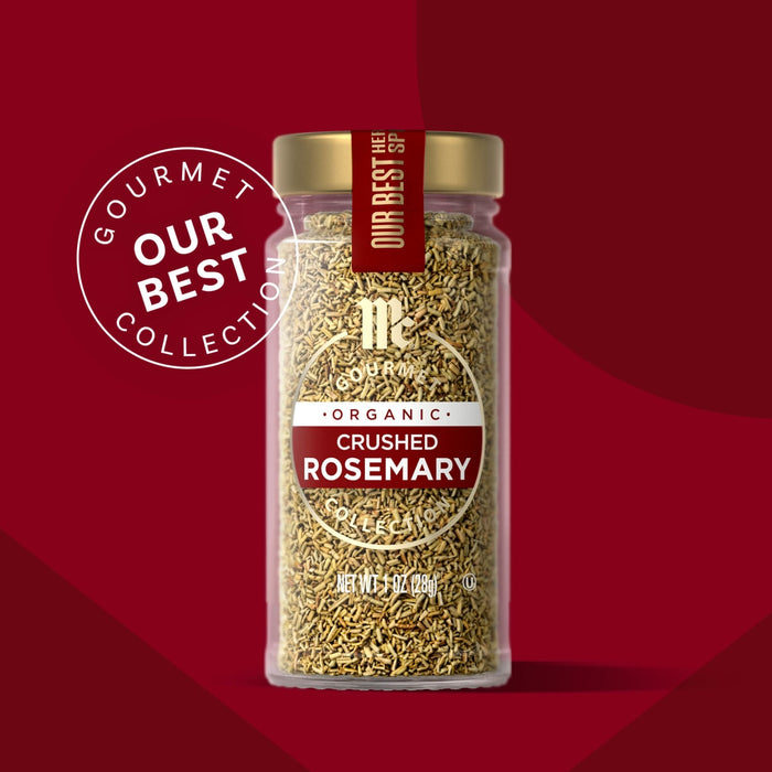 A jar of McCormick Gourmet Crushed Rosemary is displayed with an Our Best Collection seal.