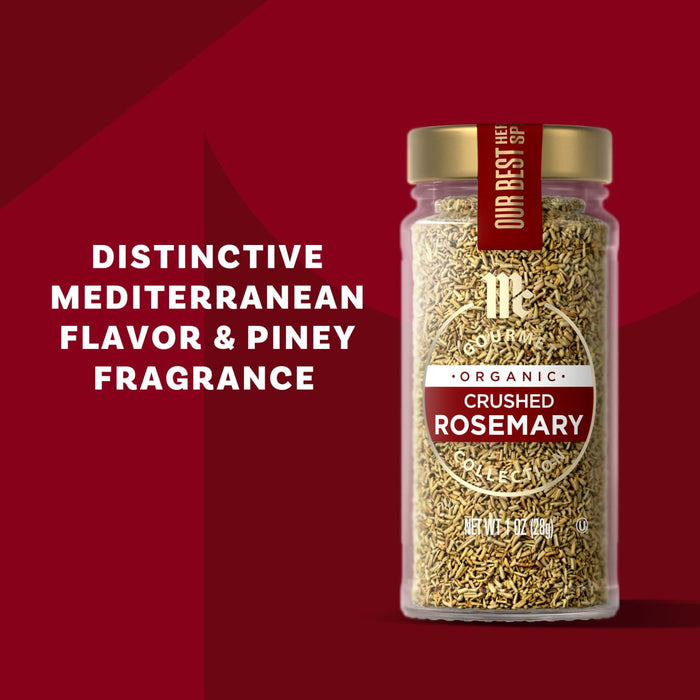 McCormick Organic Crushed Rosemary is shown in a jar, highlighting its distinctive Mediterranean flavor and piney fragrance.