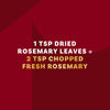 This image shows the conversion ratio between dried and fresh rosemary, stating that 1 teaspoon of dried rosemary leaves is equivalent to 2 teaspoons of chopped fresh rosemary.