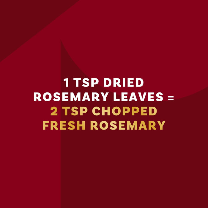 This image shows the conversion ratio between dried and fresh rosemary, stating that 1 teaspoon of dried rosemary leaves is equivalent to 2 teaspoons of chopped fresh rosemary.