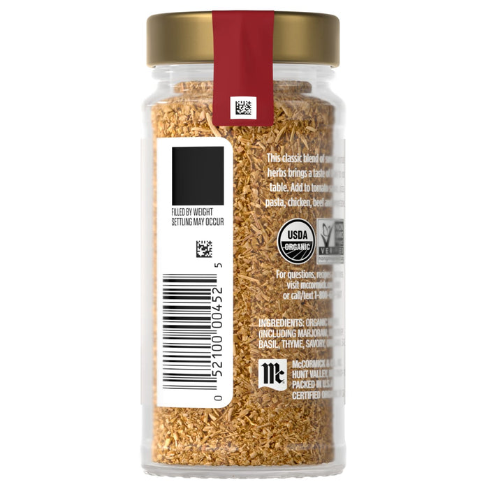 A jar of McCormick organic herbs blend with a gold lid and a red label.