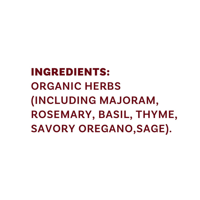 The image shows a list of ingredients that includes organic herbs such as marjoram, rosemary, basil, thyme, savory oregano, and sage.