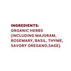 The image shows a list of ingredients that includes organic herbs such as marjoram, rosemary, basil, thyme, savory oregano, and sage.