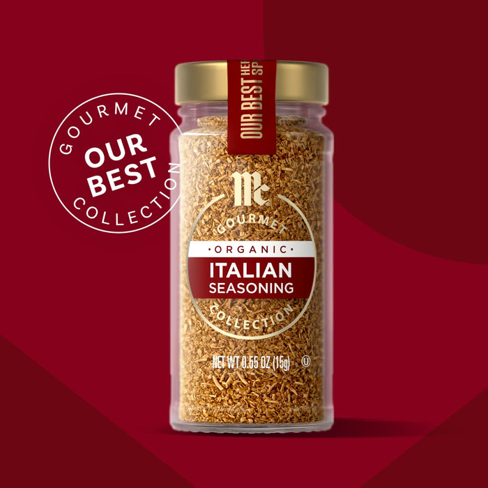 A jar of McCormick Organic Italian Seasoning from the Our Best Collection is displayed against a red background.