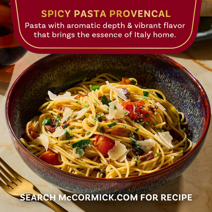 A bowl of McCormick Spicy Pasta Provencal is shown, highlighting its aromatic depth and vibrant flavor.