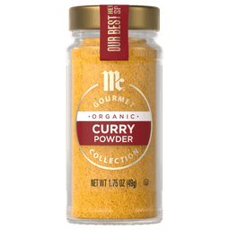 A jar of McCormick Gourmet Organic Curry Powder.