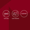 The image displays three icons indicating that the product is Non-GMO, USDA Organic, and Kosher.