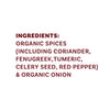 The image shows a list of ingredients including organic spices like coriander, fenugreek, turmeric, celery seed, red pepper, and organic onion.