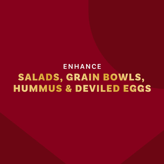 This image promotes enhancing salads, grain bowls, hummus, and deviled eggs.