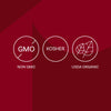 The image displays three circular icons indicating Non-GMO, Kosher, and USDA Organic certifications.