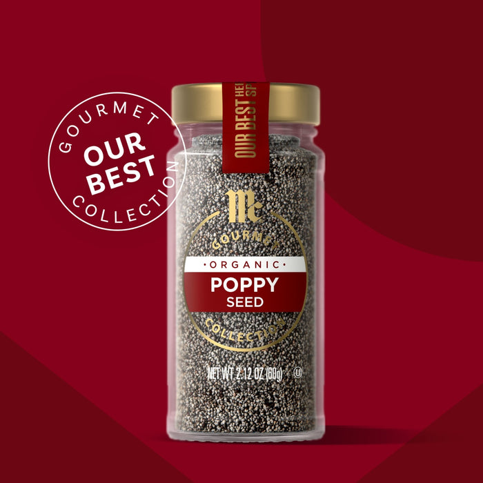McCormick Gourmet Poppy Seeds in a glass jar with a gold lid, part of the Our Best Collection.