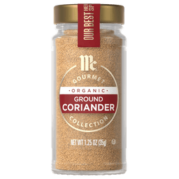 A jar of McCormick Organic Ground Coriander spice.