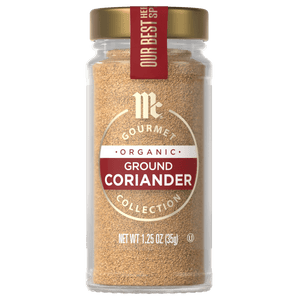 A jar of McCormick Organic Ground Coriander spice.