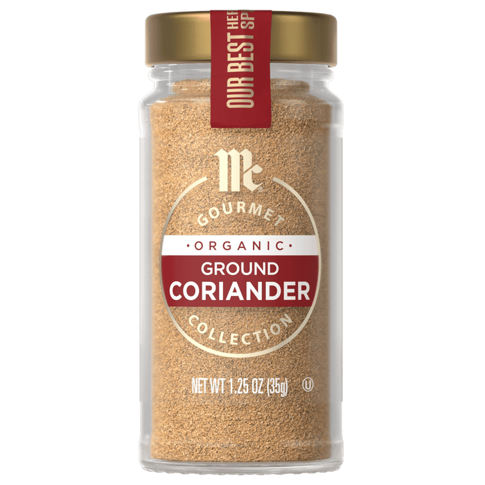 A jar of McCormick Organic Ground Coriander spice.