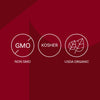 The image displays three icons indicating that the product is Non-GMO, Kosher, and USDA Organic.