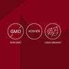 The image displays three icons indicating that the product is Non-GMO, Kosher, and USDA Organic.