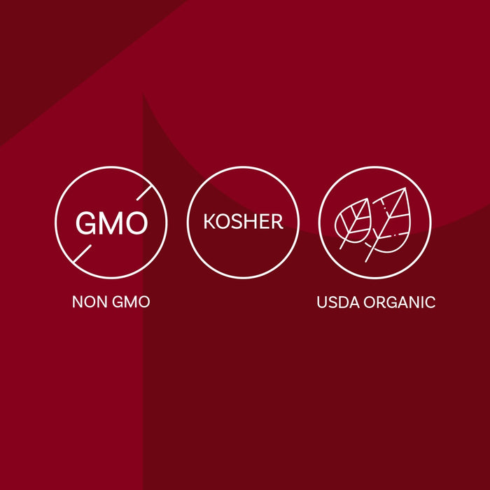The image displays three icons indicating that the product is Non-GMO, Kosher, and USDA Organic.