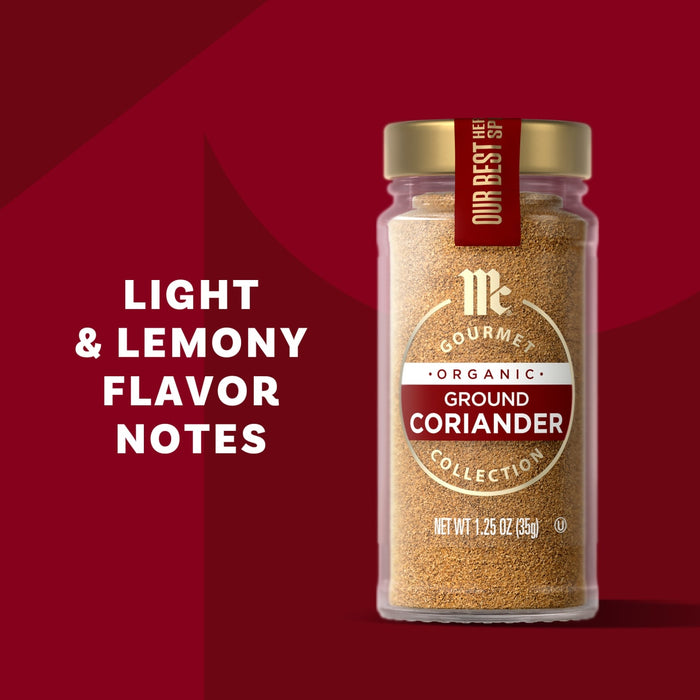McCormick Organic Ground Coriander is shown with the description Light &amp; Lemony Flavor Notes.